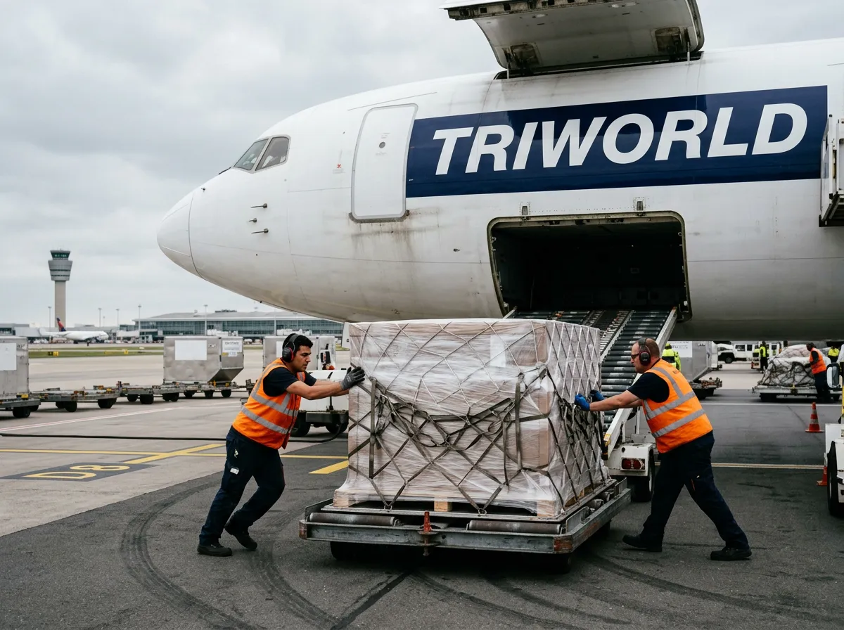 TRIWORLD cargo freighter being nose-loaded with pallets on the airport apron at blue hour