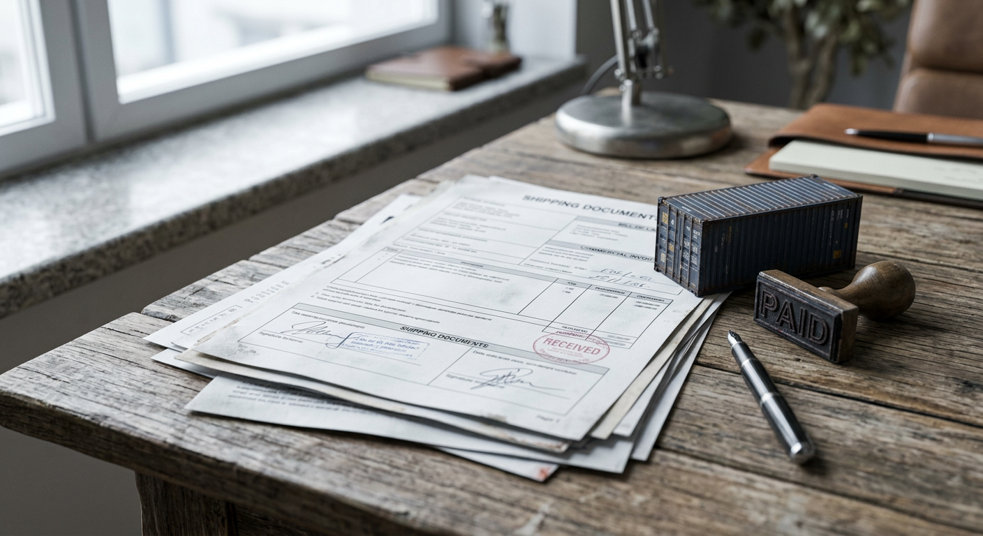 Shipping documents and a stamp on a desk
