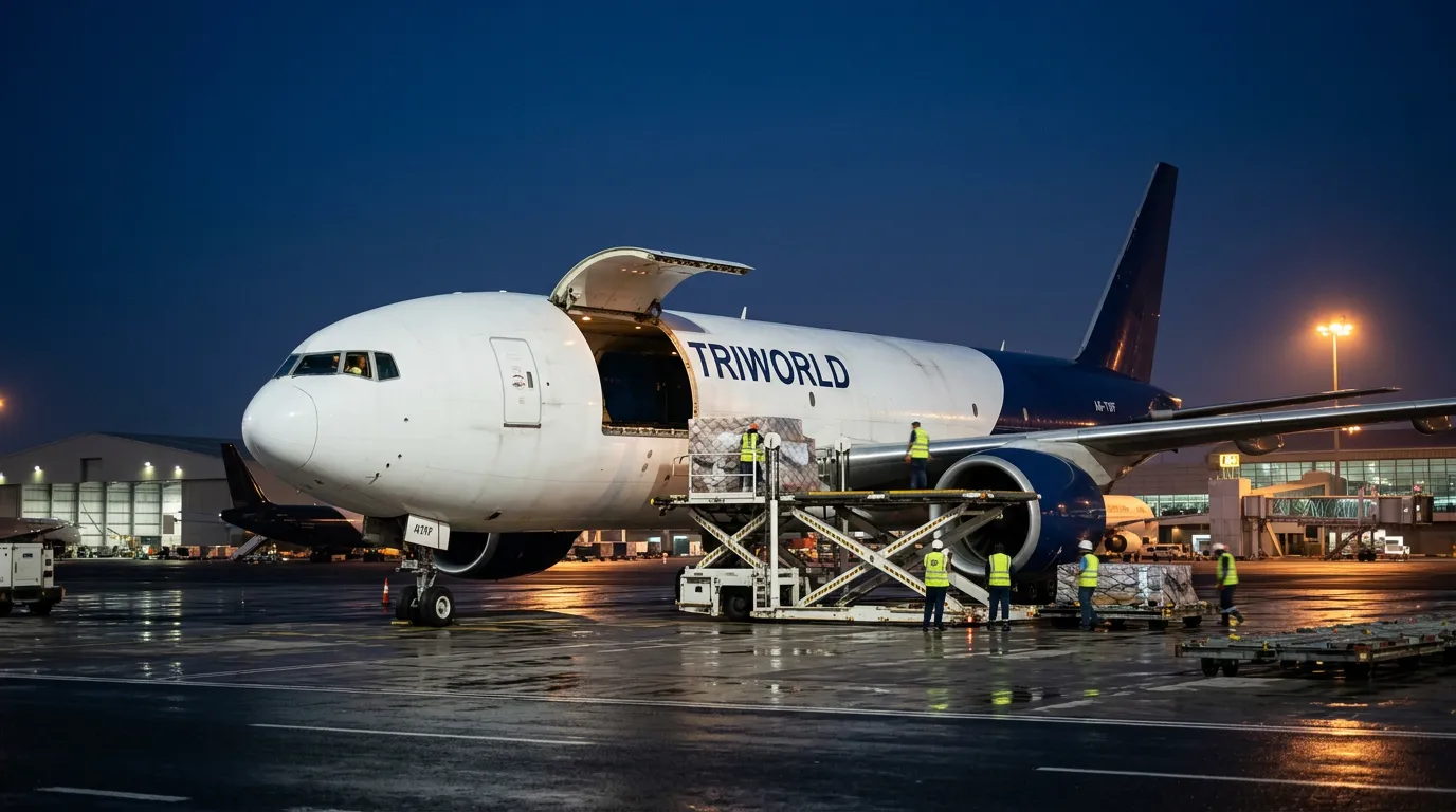 TRIWORLD Cargo freighter jet climbing above the clouds at sunset