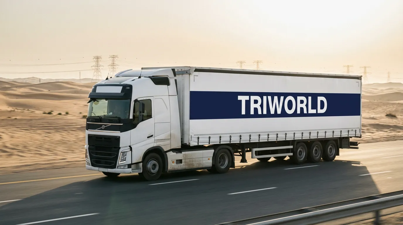 Convoy of TRIWORLD container trucks on a desert highway at dusk
