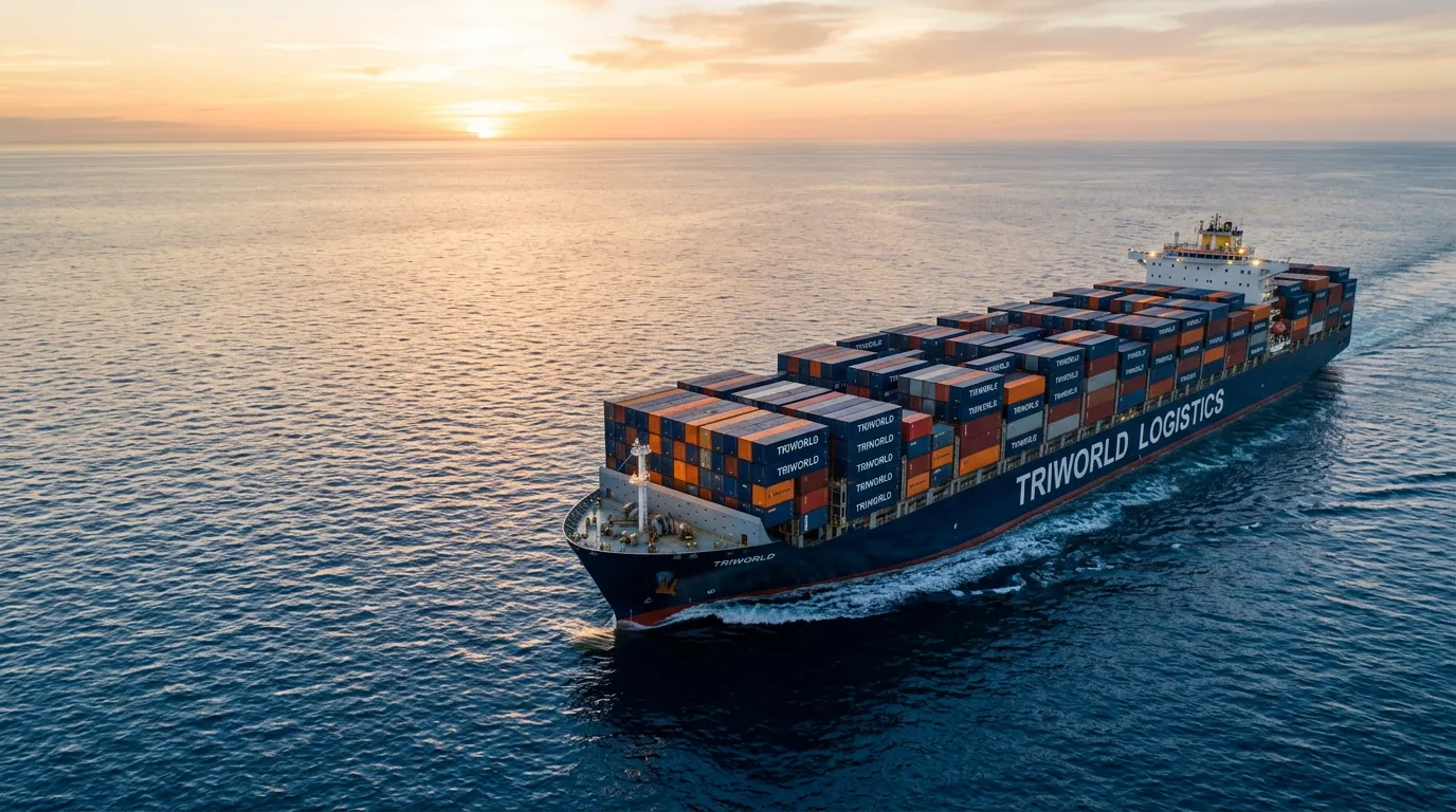 Aerial view of a TRIWORLD container ship loaded with branded containers crossing the ocean at dusk