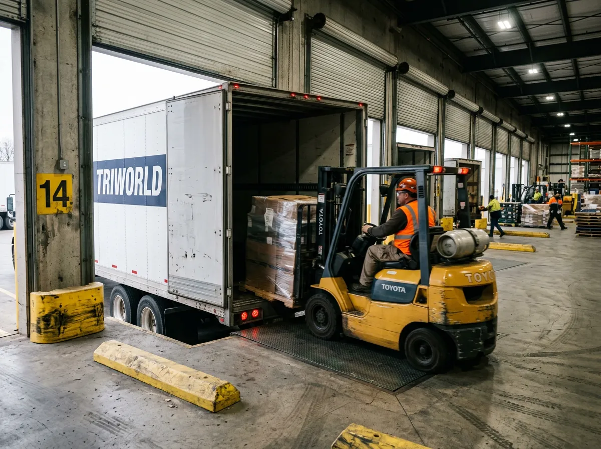 TRIWORLD-branded truck and trailer docked at a modern warehouse loading bay