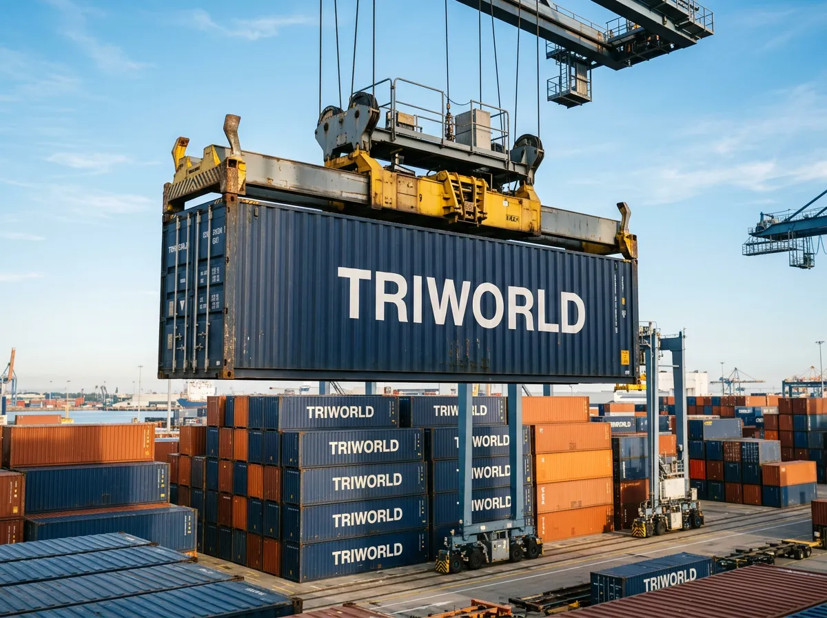 Gantry crane lifting a navy TRIWORLD container above branded container stacks at a port terminal