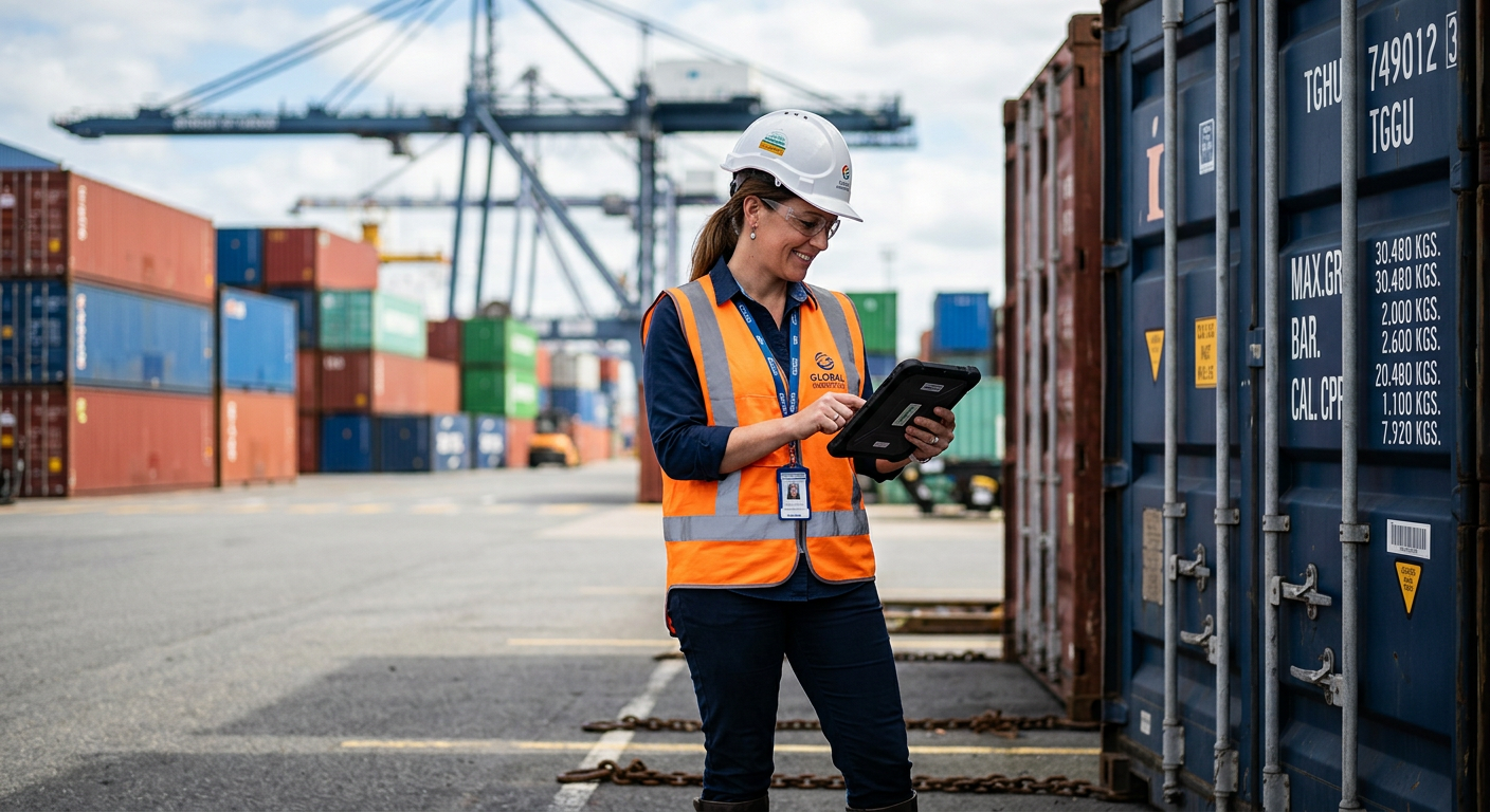 Trade coordinator inspecting cargo with a tablet at a container terminal