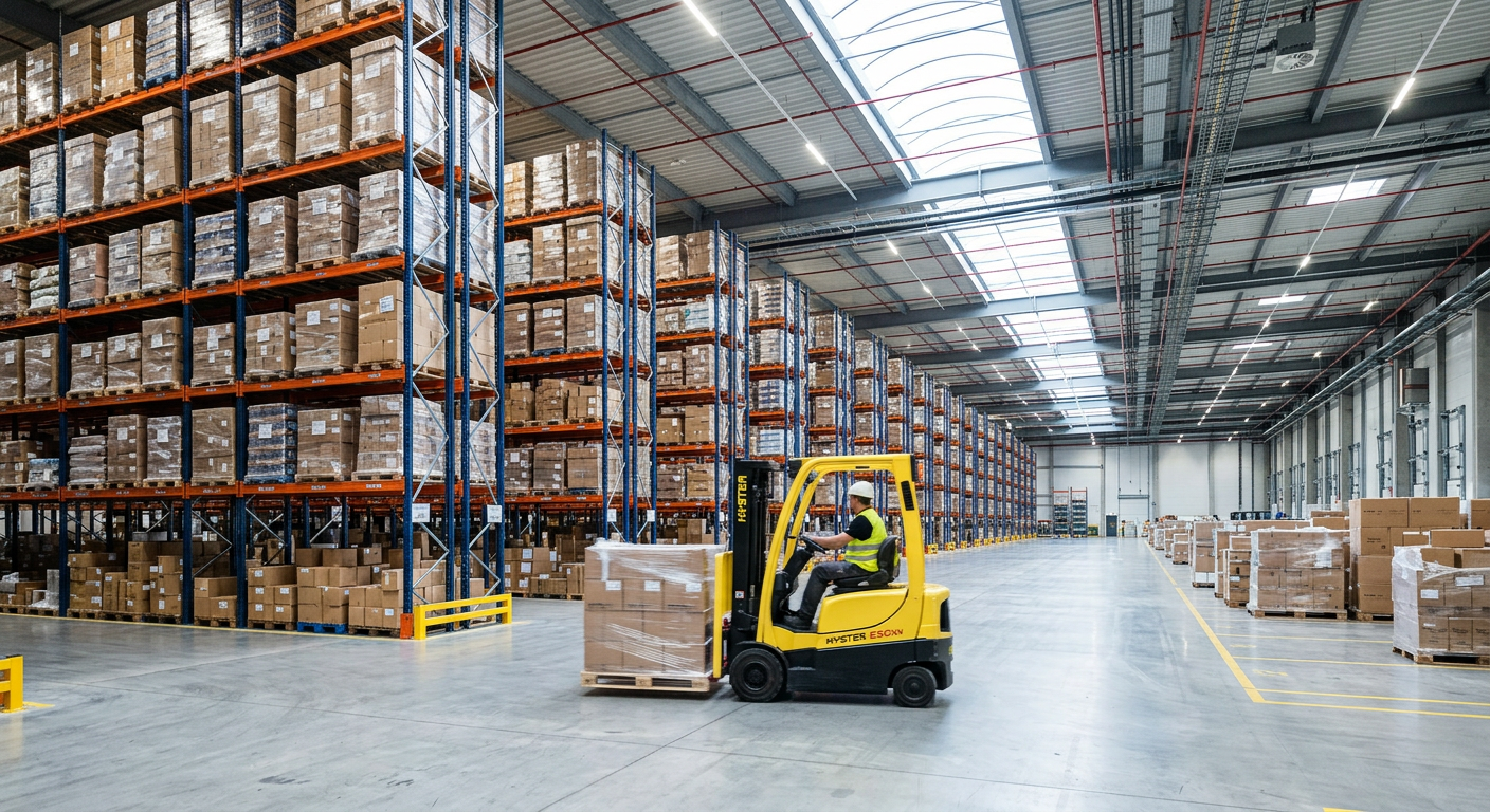 Logistics warehouse with wrapped pallets